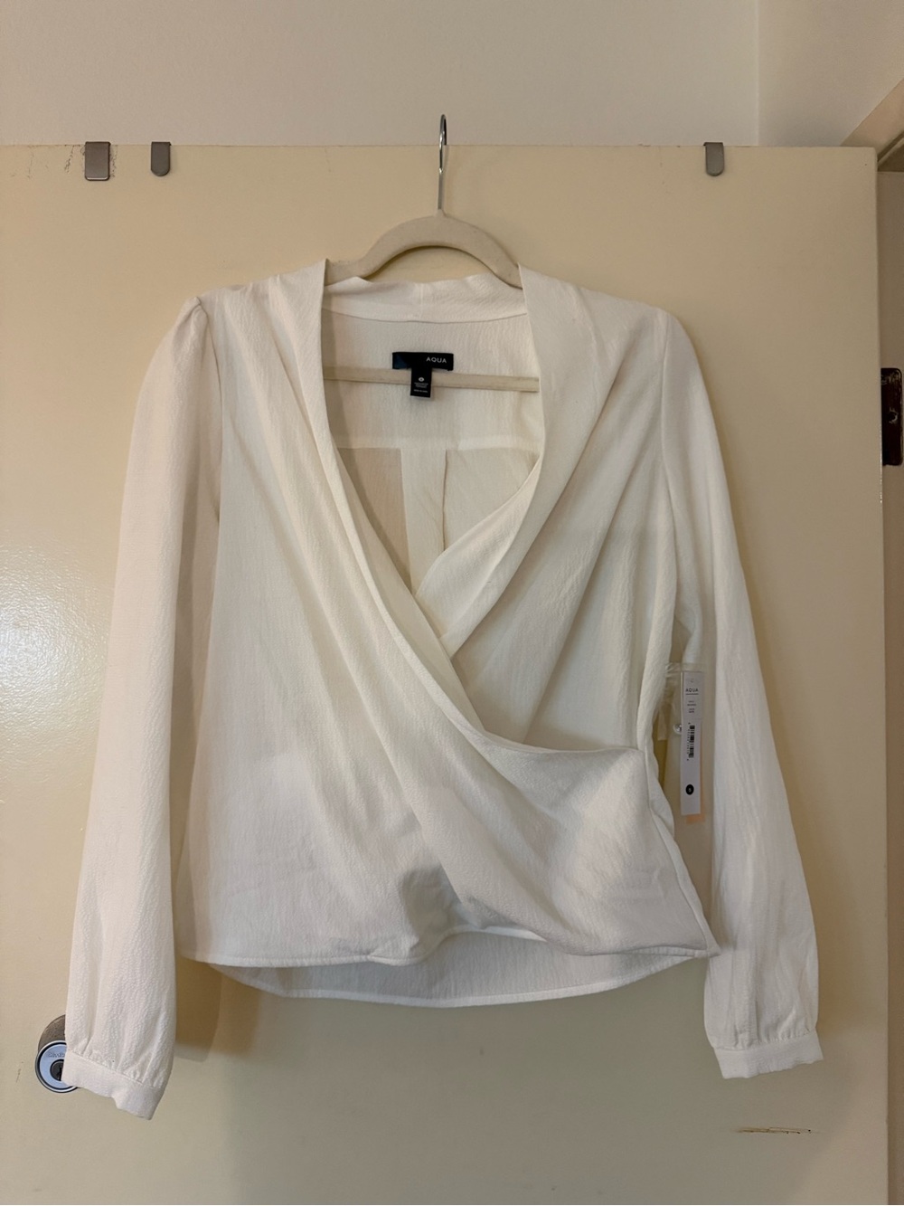 Aqua Cream Wrap-Front Long Sleeve Blouse